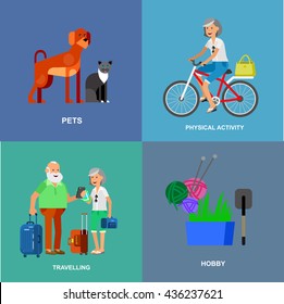 vector detailed character senior. Old age man and icons. Pension hobbies and interests leisure of pensioner