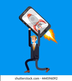 Vector detailed character with smartphone as rocket, startup. Mobile innovation, app construction site, user interface building process, api coding for phone application and development