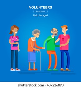 Vector detailed character Volunteer design concept with woman and a man helping elderly people
