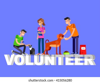 Vector detailed character Volunteer design concept with woman and a man feed dog and cat, veterinary care for homeless animal