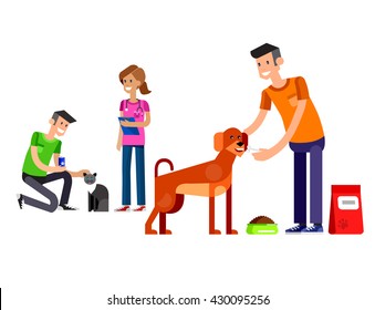 Vector detailed character Volunteer design concept with woman and a man feed dog and cat, veterinary care for homeless animal