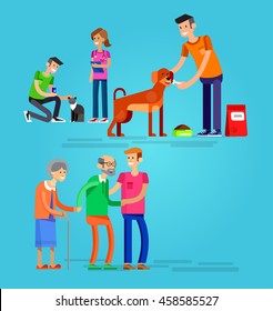 Vector detailed character Volunteer design concept with woman and a man helping elderly people, veterinary care for homeless animals, feed dog and cat