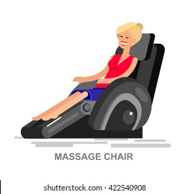 Vector detailed character Woman buy massager  and relax in massage chair, cool flat  illustration isolated on white background.