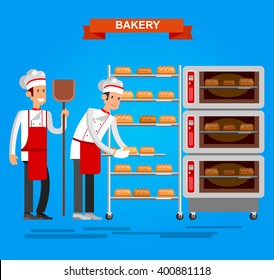 Vector detailed characters chef, Cook baker cooking bread, bakery interior with professional oven, flat design vector illustration