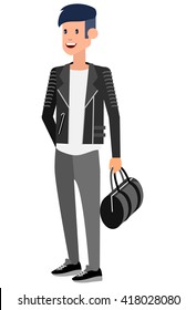 Vector detailed characters men, business men. Character creative man or student, tourist  illustration, business people lifestyle isolated on white background