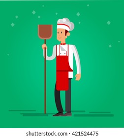 Vector detailed characters men professional chef, Cook baker cooking bread, flat design vector illustration