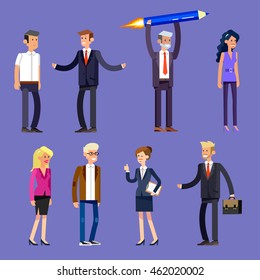 Vector detailed characters, men and women in action. Business people shake hands, with a briefcase, secretary, big boss, startup man, colleagues