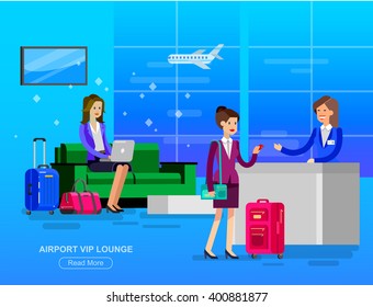 Vector detailed characters people in airport lounge. Woman goes VIP lounge Airport, gives her credit card Receptionist, waiting hall flat  illustration