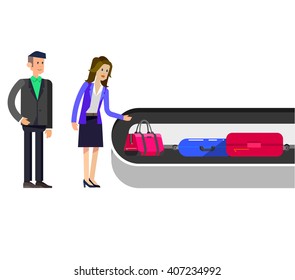 Vector detailed characters people in airport lounge. Woman baggage claim, flat  illustration