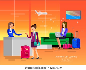 Vector detailed characters people in airport lounge. Woman goes VIP lounge Airport, gives her credit card Receptionist, waiting hall flat  illustration