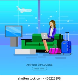 Vector Detailed Characters People In Airport Lounge. Woman Goes VIP Lounge Airport, People Baggage Claim, Waiting Hall Flat  Illustration