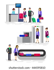 Vector detailed characters people in airport lounge. Woman is registered, checks the metal scanner, people baggage claim, flat  illustration isolated on white background.