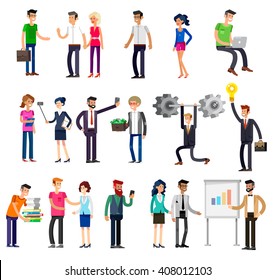 Vector detailed characters people, business people men and women in action. Business people shake hands, with a briefcase, secretary, big boss, startup man, colleagues, business people lifestyle