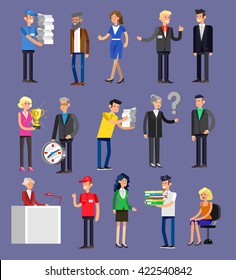 Vector detailed characters people, business people men and women in action. Business people shake hands, with a briefcase, secretary, big boss, startup man, colleagues, business people lifestyle