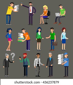 Vector detailed characters people, men and women in action, shake hands, with a briefcase, secretary, big boss, startup man, colleagues, business lifestyle