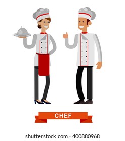 Vector detailed characters woman and man professional chef, Cook baker, flat design vector illustration isolated on white background.