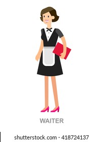 Vector detailed characters Young handsome waiter at restaurant isolated. Waitress