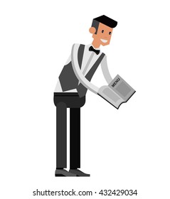 Vector detailed characters Young handsome waiter at restaurant isolated. Waitress isolated on white background