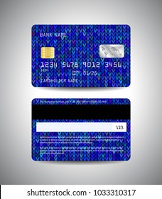 Vector detailed credit cards set with Christmas knitted blue abstract background. Front and back side template. Money, payment symbol. Christmas and New Year design. Vector illustration EPS10