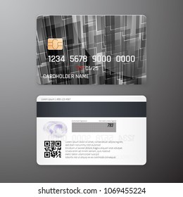 Vector detailed credit cards set with black poligonal abstract background. Front and back side template. Money, payment symbol. Vector illustration EPS10.