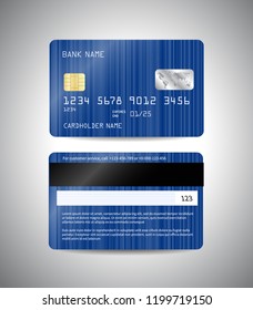 Vector detailed credit cards set with blue striped shiny abstract background. Front and back side template. Money, payment symbol. Vector illustration EPS10