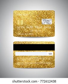 Vektor detaillierte Kreditkarten Set mit goldenem abstraktem Hintergrund mit Funkeln. Vorder- und Rückseite. Geld, Zahlungssymbol. Weihnachten- und Neujahrsdesign. Goldene Karte. Vektorgrafik