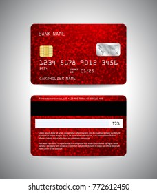 Vector detailed credit cards set with colorful shiny red abstract background with sparkles. Front and back side template. Money, payment symbol. Christmas and New Year design. Vector illustration