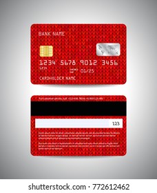 Vector detailed credit cards set with Christmas red knitted abstract background. Front and back side template. Money, payment symbol. Christmas and New Year design. Vector illustration EPS10