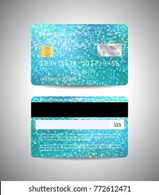 Vector detailed credit cards set with colorful shiny blue abstract background with sparkles. Front and back side template. Money, payment symbol. Christmas and New Year design. Vector illustration