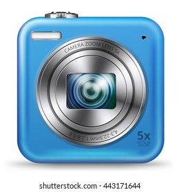 Vector detailed easy bright blue colored point and shoot camera icon isolated on white background