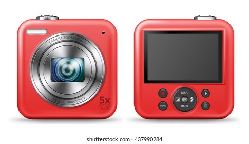 Vector detailed easy bright red colored point and shoot camera icons with front lens and back screen with buttons sides