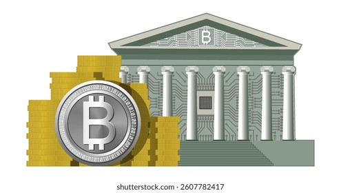 Vector detailed financial icon. Stacks of gold coins. Symbolic classic green central bank building with columns. Bitcoin symbol. Cryptocurrency btc