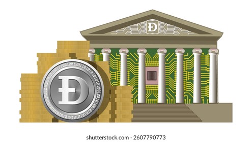 Vector detailed financial icon. Stacks of gold coins. Symbolic classic central bank building with columns. Dogecoin symbol. Cryptocurrency. Computer technology