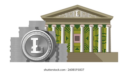 Vector detailed financial icon. Stacks of coins. Symbolic classic central bank building with columns. Litecoin symbol. Cryptocurrency. Computer technology