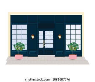 Fachada de tienda de diseño plano con detalles vectoriales. Compra exterior.