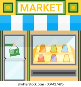 Vector detailed flat design market and shop facade icon.