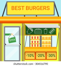 Vector detailed flat design restaurants facade icon. Best burgers.