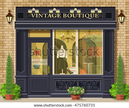 Vector detailed flat design vintage boutique facade. Cool graphic fashion shop exterior. 