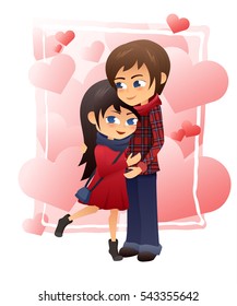 vector detailed flat illustration of hugging couple on hearts background