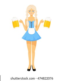 Vector detailed flat illustration of oktoberfest bavarian girl in national dress holding two beer mugs.