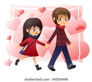 vector detailed flat illustration of walking holding hands couple on hearts background.