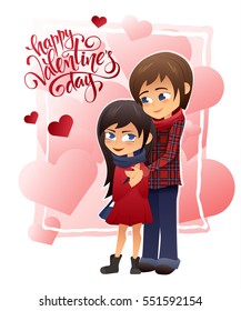 vector detailed flat valentines day card with hugging couple and lettering on hearts background.
