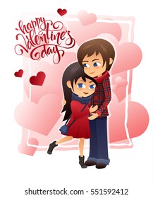 vector detailed flat valentines day card with hugging couple and lettering on hearts background.