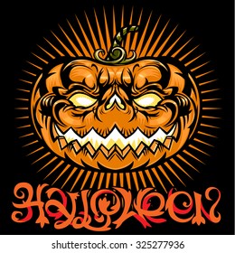 Vector Detailed funny pumpkin lantern celebrates Halloween. Jack O Lantern icon set. Halloween pumpkins on background. Useful also as greetings card and design, t-shirt.