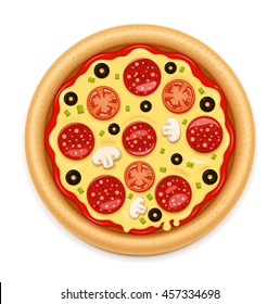 Vector detailed hot pizza with sticky melting cheese, tomato and salami icon