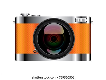 Vector of detailed icon representing retro vintage style camera featured with silver body, embossed orange leather on white background.