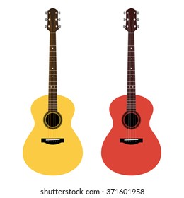 Vector detailed illustration of acoustic guitars in a flat style. Yellow and red icons six-string guitar isolated on white background. Icons of musical instrument for music shop design, ads, web.