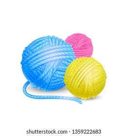 Vector detailed illustration of colored yarn balls isolated on white background