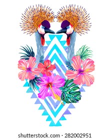 vector detailed illustration of crowned cranes, with tropical flowers, and tribal background. beautiful birds, mirror composition, bouquet of hibiscus and palm, with a zigzag Navajo ethnic ornament. 