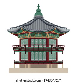 Vektorgrafik des koreanischen Hauses im traditionellen Stil im flachen Stil. Hyangwonjeong-Pavillon im Gyeongbokgung-Palast. EPS10